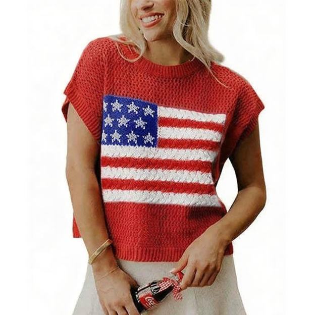 Summer Women's Flag Cutout Design Knitted T-shirt - Red - 2XL - image 3