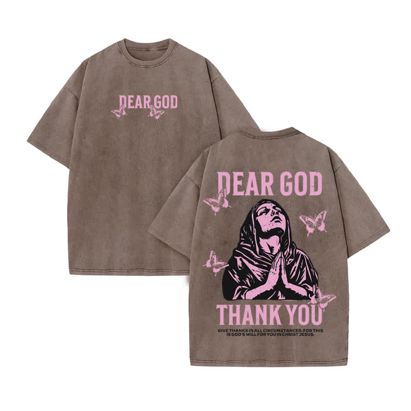 Unisex Thank You Dear God Print Acid Washed T-shirt - Coffee - US20-22(3XL) - image 4