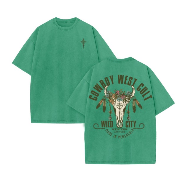 Unisex 100% Cotton COWBOY WEST CULT Western Style Print Acid Washed T-shirt