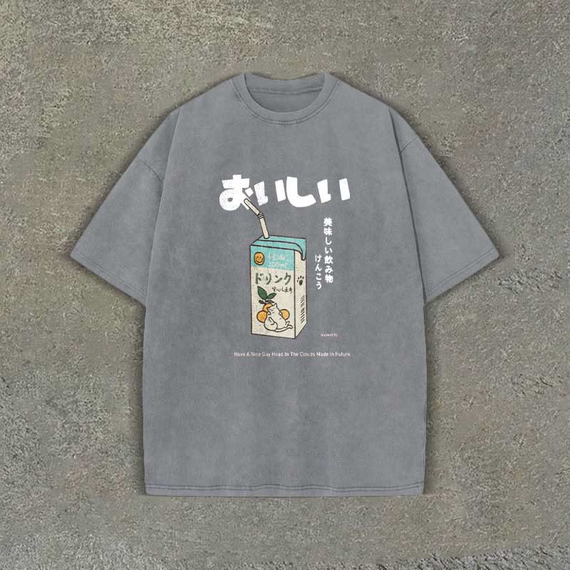 Unisex 100% Cotton Japanese Drink Pattern Letter Print Acid Washed T-shirt