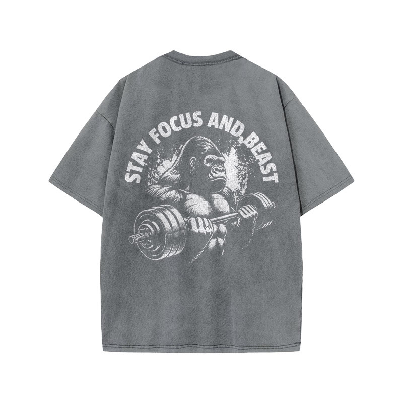 100% Cotton Stay Focus And Beast Gym Print Acid Washed T-shirt - Grey - US20-22(3XL) - image 5