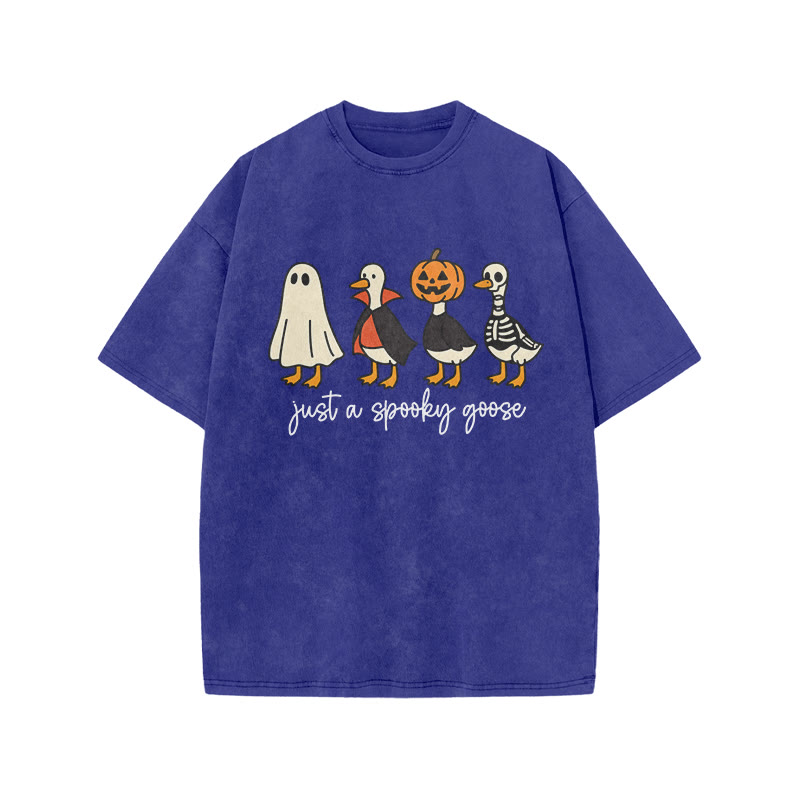 Unisex 100% Cotton Just A Spooky Goose Print Acid Washed T-shirt - Blue - US20-22(3XL) - image 9