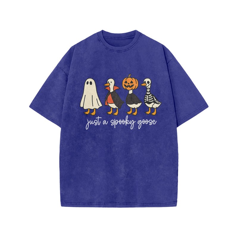 Unisex 100% Cotton Just A Spooky Goose Print Acid Washed T-shirt - Blue - US20-22(3XL) - image 9