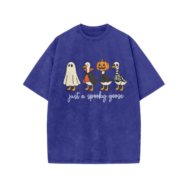 Unisex 100% Cotton Just A Spooky Goose Print Acid Washed T-shirt - Blue - US20-22(3XL) - image 9