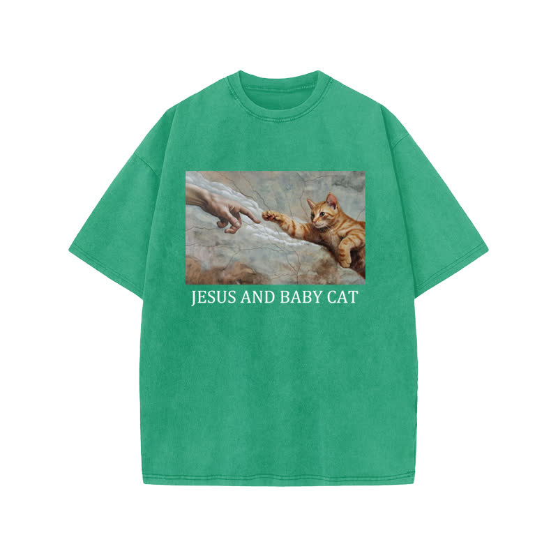Unisex 100% Cotton Jesus And Baby Cat Print Acid Washed T-shirt - Green - US20-22(3XL) - image 6