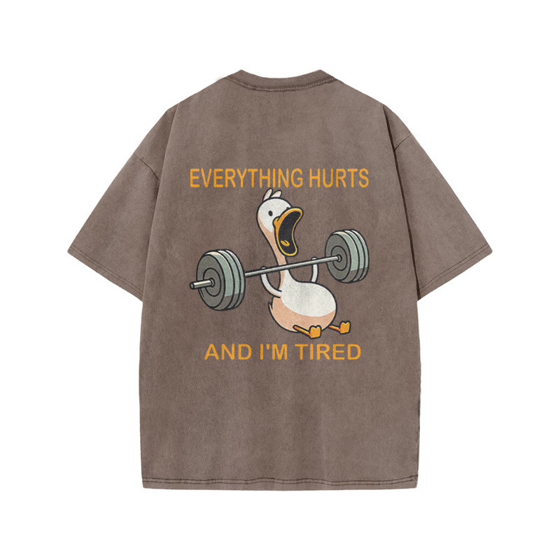 100% Cotton Everything Hurts And I'm Tired Gym Print Acid Washed T-shirt - Coffee - US20-22(3XL) - image 5