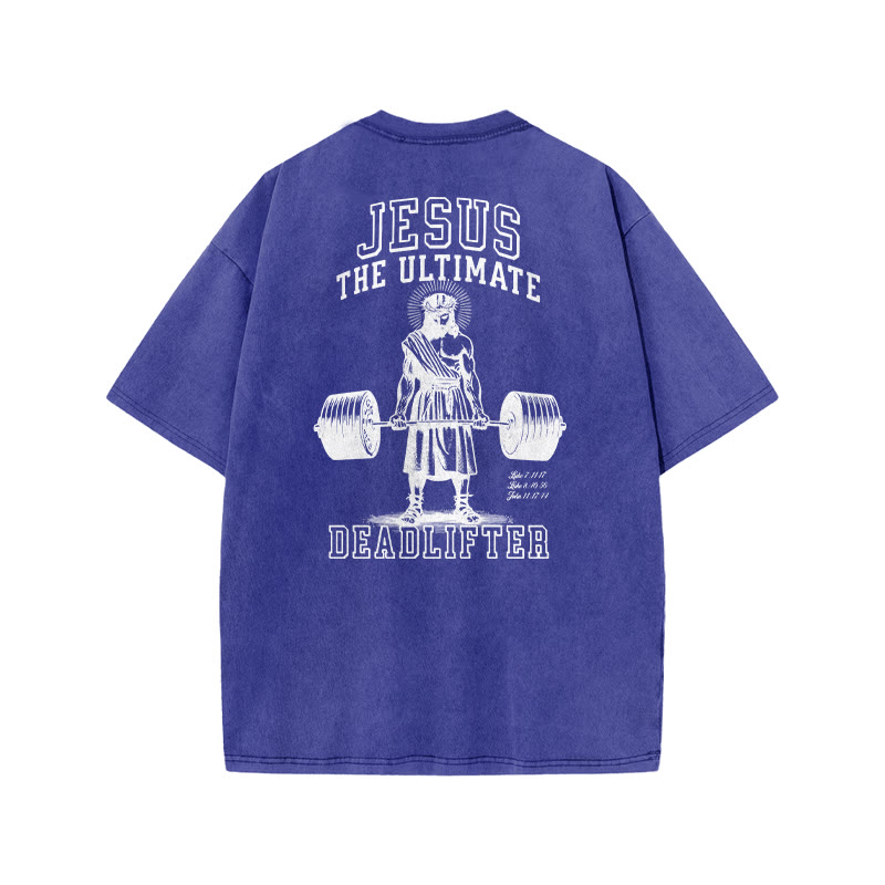 Jesus The Ultimate Deadlifter Print Acid Washed T-shirt - Blue - US20-22(3XL) - image 9