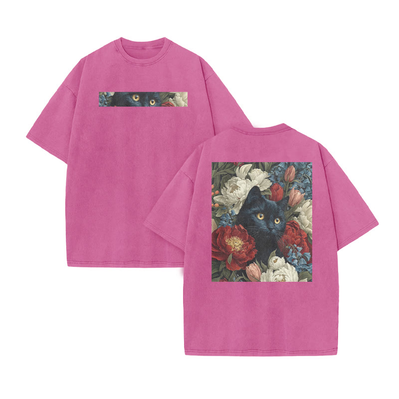 A Black Cat Hidden Among Clusters Of Red-white Peonies Print Acid Washed T-shirt - Pink - US20-22(3XL) - image 10