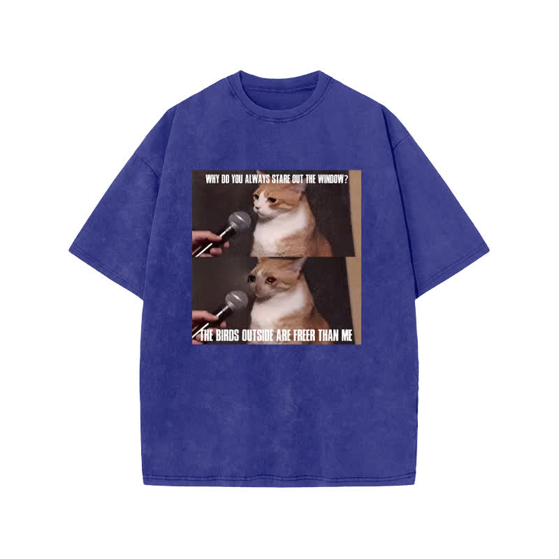 Unisex 100% Cotton A Cat With A Story Print Acid Washed T-shirt - Blue - US20-22(3XL) - image 8
