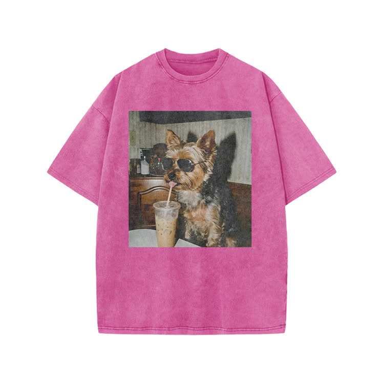Vintage Dog Coffee Graphic Print Acid Washed T-shirt - Pink - US20-22(3XL) - image 9