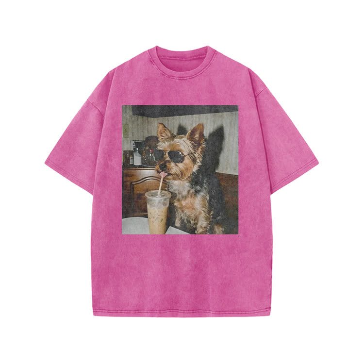 Vintage Dog Coffee Graphic Print Acid Washed T-shirt - Pink - US20-22(3XL) - image 9