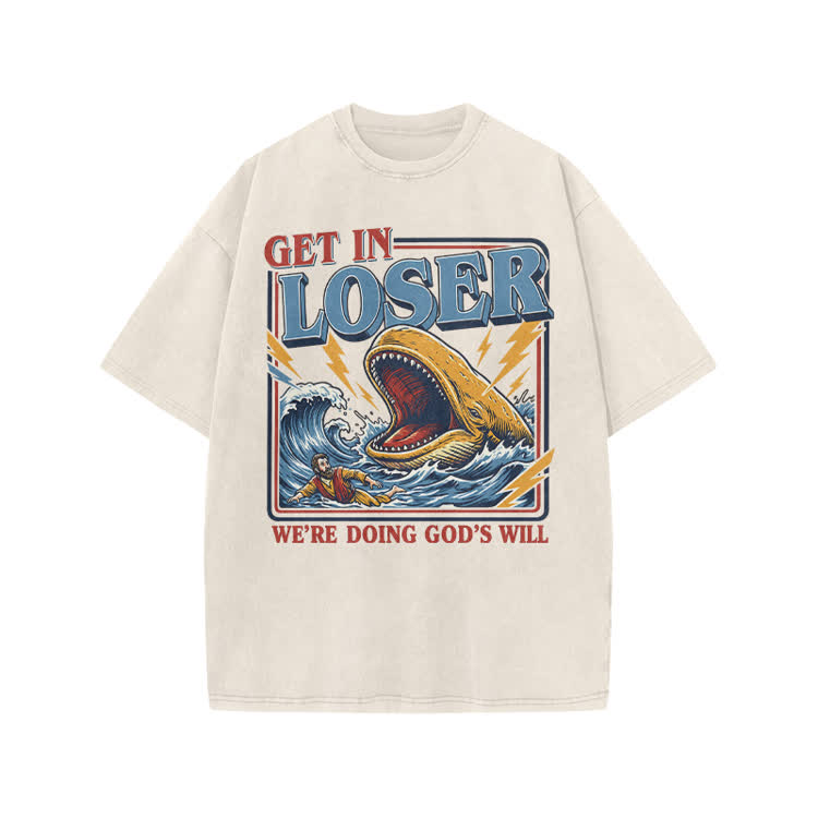 Street Retro Get In Loser Graphic Print Acid Washed T-shirt - Beige - US20-22(3XL) - image 7