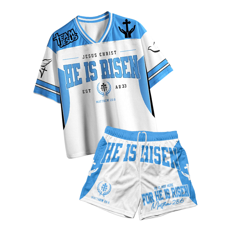 Jesus Christ He Is Risen Print Mesh T-shirt Set - Blue - 4XL - image 1