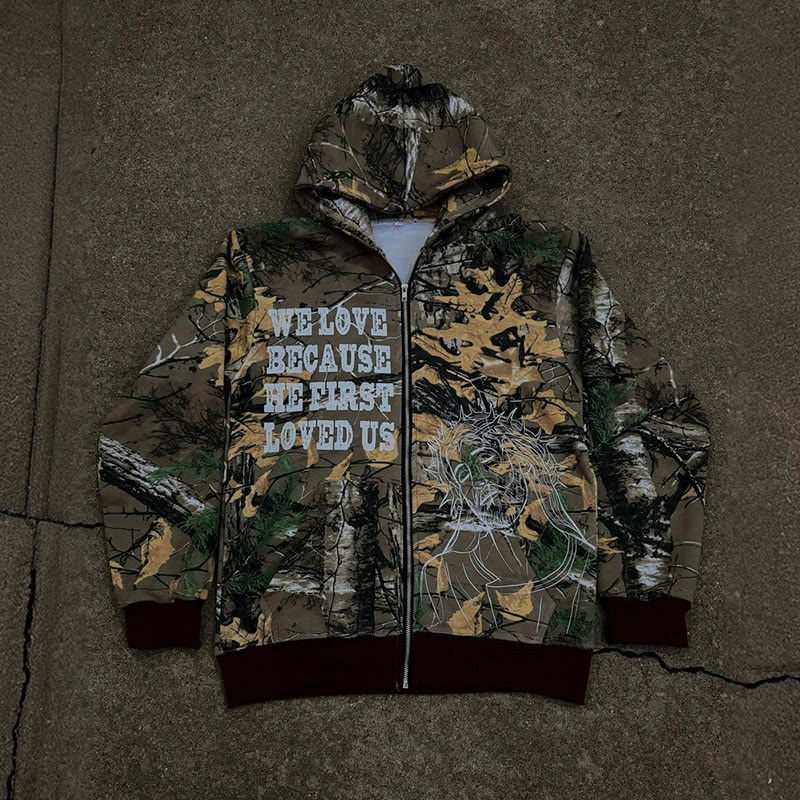 Unisex We Love Because He First Loved Us Dead Leaves Camouflage Print Zipper Hoodie - image 3