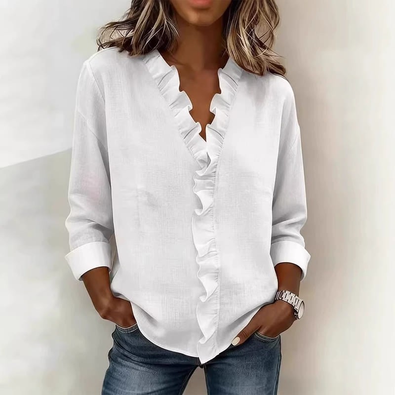Elegant Cozy Solid Overlapping Ruffle V-neck Long-sleeve Blouse - White - 3XL - image 3