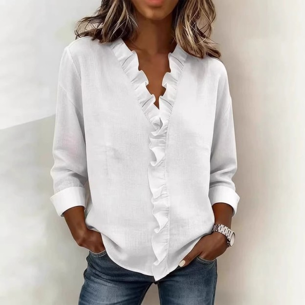 Elegant Cozy Solid Overlapping Ruffle V-neck Long-sleeve Blouse - White - 3XL - image 3