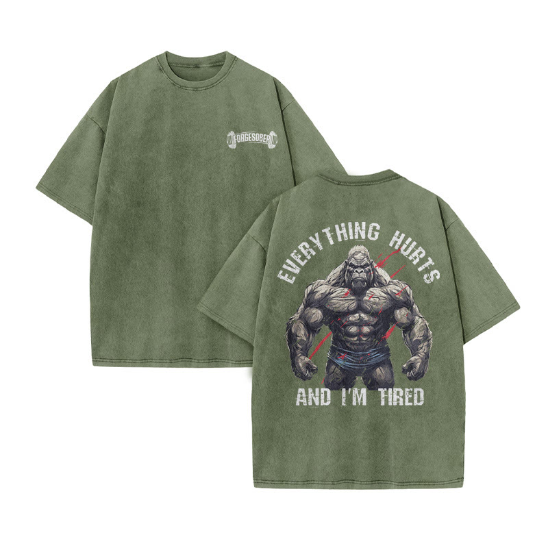 100% Cotton Everything Hurts And I'm Tired Gym Print Acid Washed T-shirt - Army Green - US20-22(3XL) - image 8