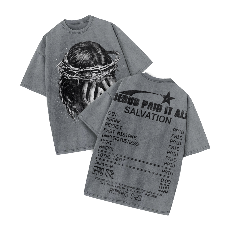 Jesus Paid It All Star Print Acid Washed T-shirt - Grey - US20-22(3XL) - image 3