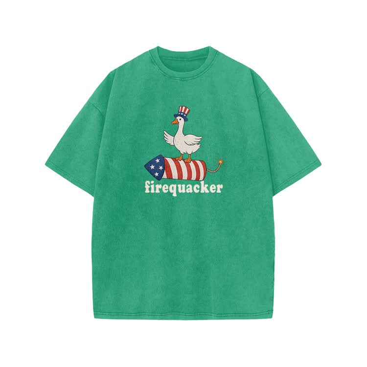 Firequacker Patriotic Duck Rocket Graphic Print Acid Washed T-shirt - Green - US20-22(3XL) - image 8