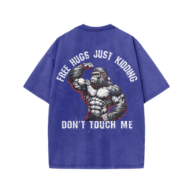 100% Cotton FREE HUGS Gym Print Acid Washed T-shirt - Blue - US20-22(3XL) - image 9