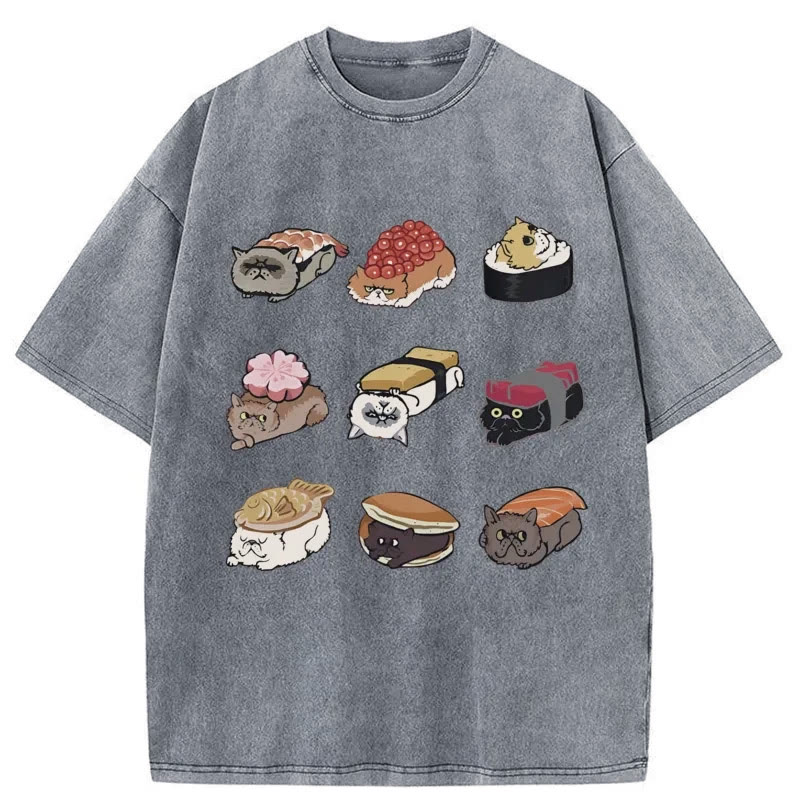 Unisex 100% Cotton Cute Cat Sushi Print Acid Washed T-shirt