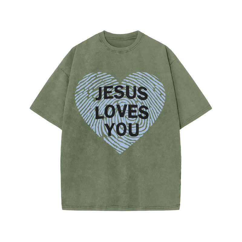 Unisex 100% Cotton JESUS LOVES YOU Print Acid Washed T-shirt - Army Green - US20-22(3XL) - image 5