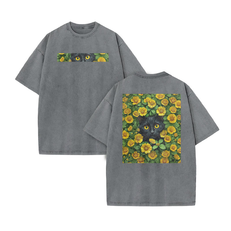 A Black Cat In A Field Of Yellow Flowers Print Acid Washed T-shirt - Grey - US20-22(3XL) - image 4