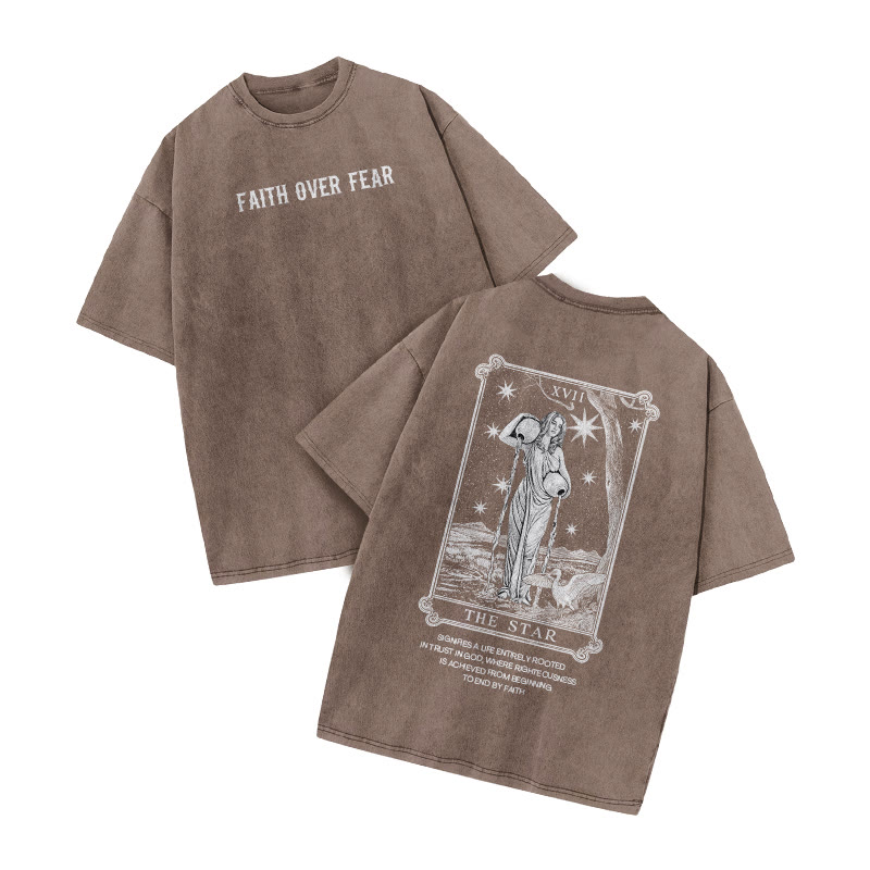 Tarot The Star Faith Over Fear Print Acid Washed T-shirt - Coffee - US20-22(3XL) - image 3