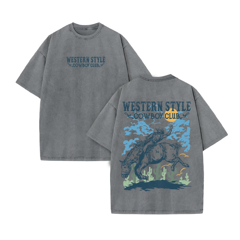 Unisex 100% Cotton Western Style Print Acid Washed T-shirt