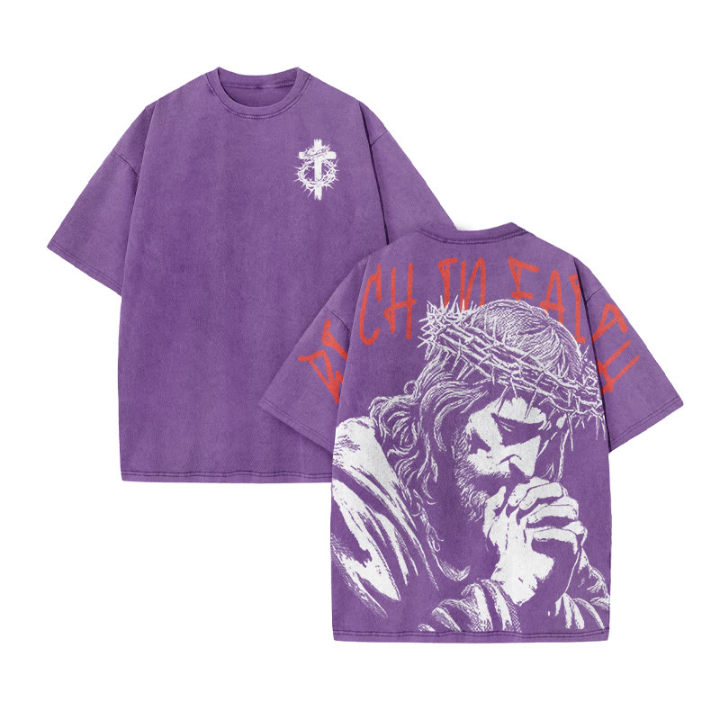 Unisex Rich In Faith Print Acid Washed T-shirt - Purple - US20-22(3XL) - image 9