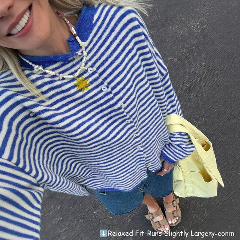 Women's Coastal Striped Knit Button Front Cardigan Sweater - Blue - 3XL - image 11