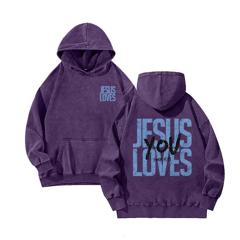 Unisex 100% Cotton Jesus Loves You Printed Washed Hoodie  - Purple - 3XL - image 7