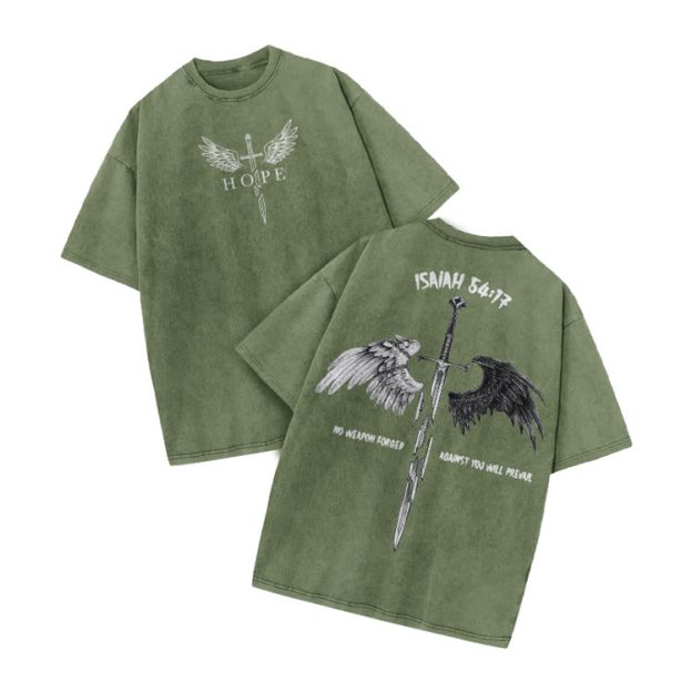 Hope Isaiah 54:17 Print Acid Washed T-shirt - Army Green - US20-22(3XL) - image 4