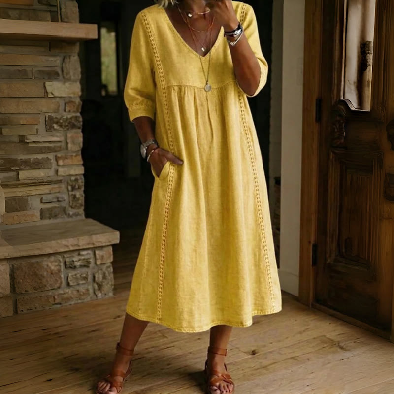 Elegant Solid V-neck Half Sleeve Maxi Dress - Yellow - 3XL - image 4