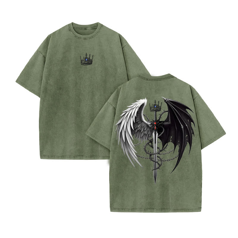 Unisex Angel And Devil Wings Design Print Acid Washed T-shirt - Army Green - US20-22(3XL) - image 6