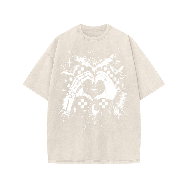 Gothic Heart Hands Round Neck Graphic Print Acid Washed T-Shirt - Beige - US20-22(3XL) - image 3