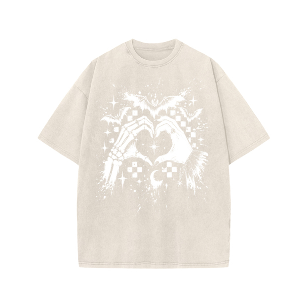 Gothic Heart Hands Round Neck Graphic Print Acid Washed T-Shirt - Beige - US20-22(3XL) - image 3