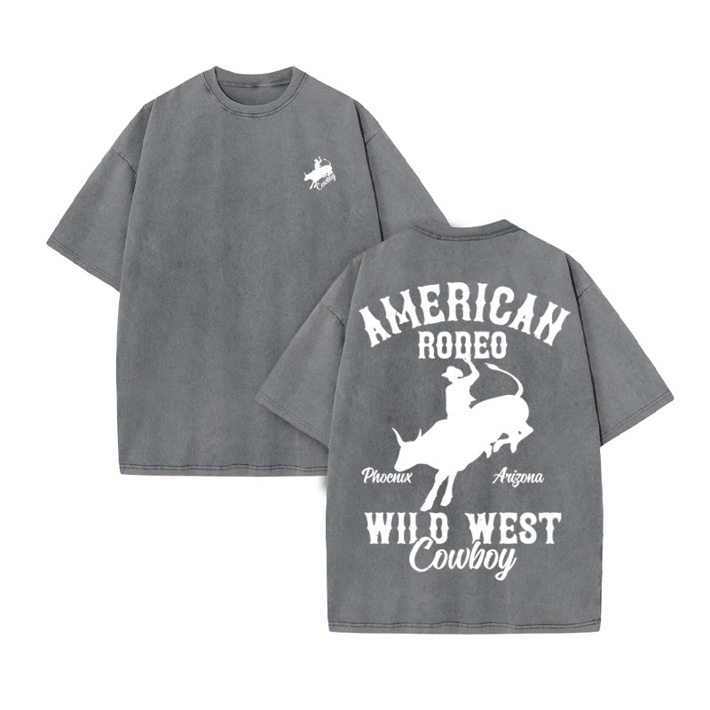 Unisex 100% Cotton RODEO Western Style Print Acid Washed T-shirt