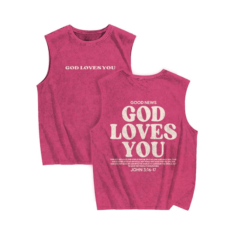 Unisex 100% Cotton God Loves You Print Washed Tank Top - Rose - 3XL - image 6