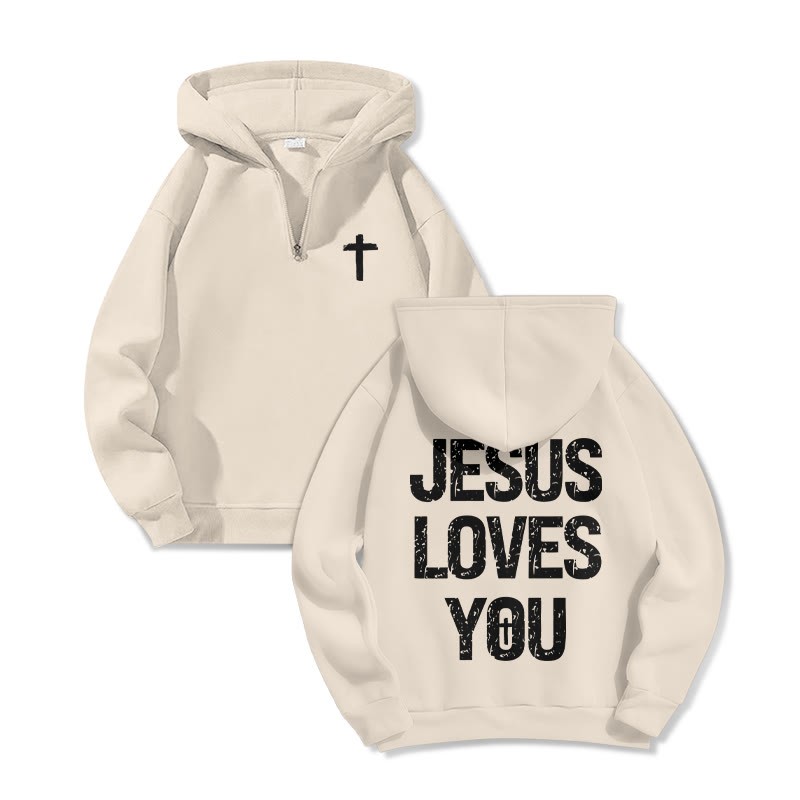 Jesus Loves You Print Half Zip Hoodie - Apricot - US32-34(5XL) - image 6