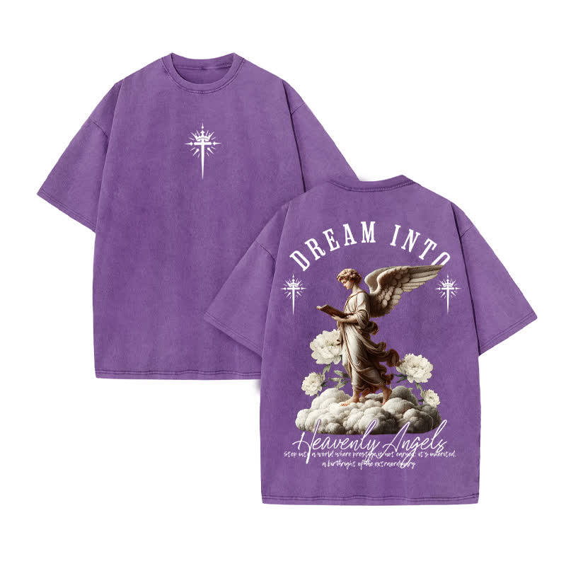 Unisex 100% Cotton Heavenly Angels Print Acid Washed T-shirt - Purple - US20-22(3XL) - image 9