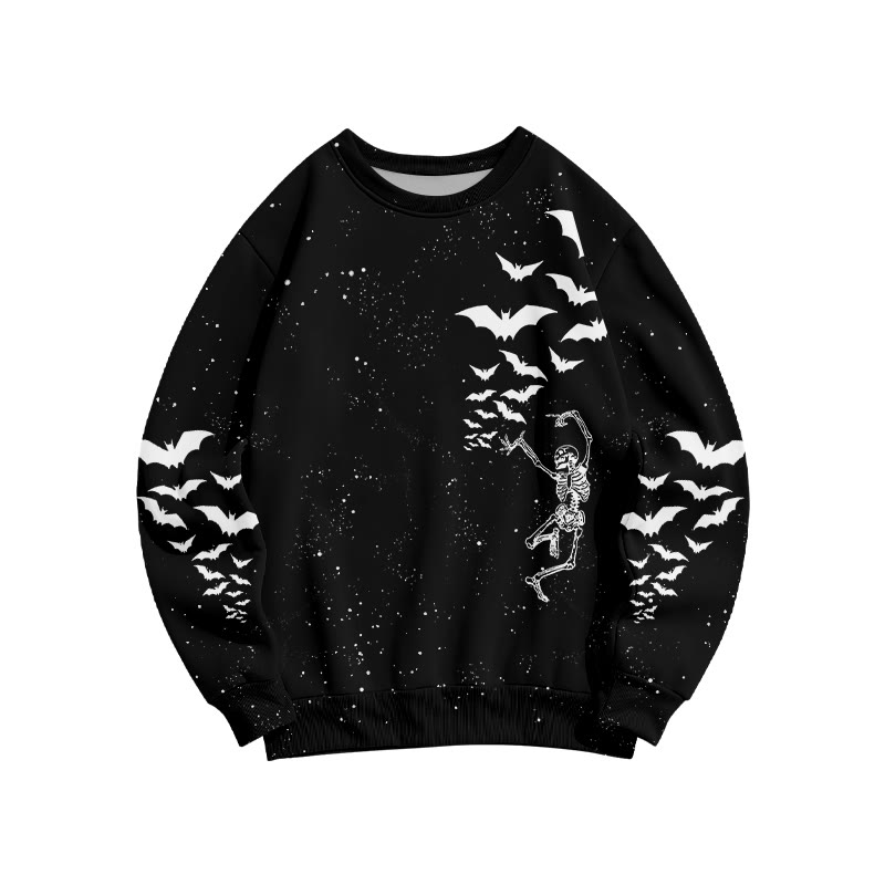 Unisex Dancing Skeleton Bat Halloween Print Sweatshirt - Black - 6XL - image 3