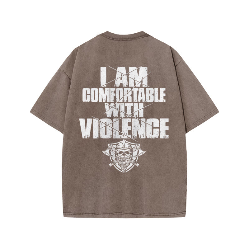 100% Cotton Violence Gym Print Acid Washed T-shirt - Coffee - US20-22(3XL) - image 5