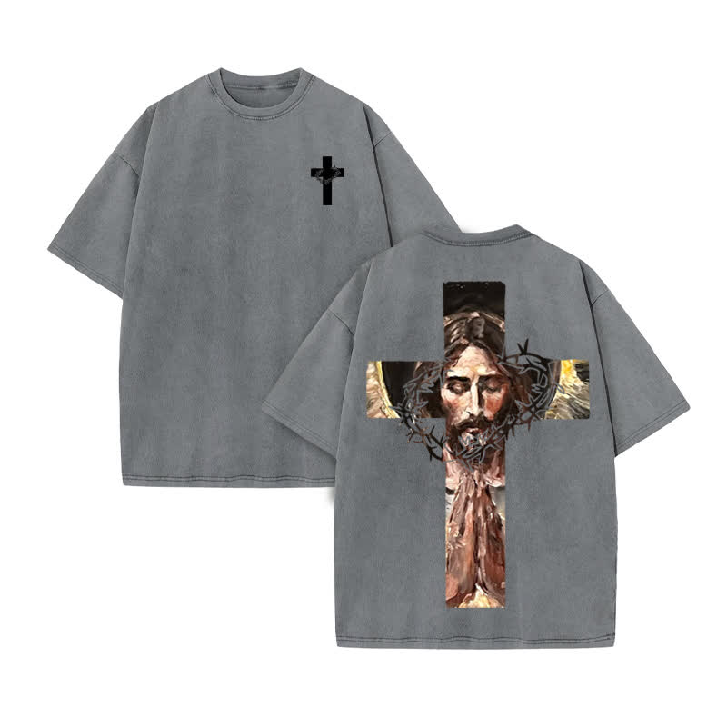 Unisex 100% Cotton Jesus On The Cross Oil Painting Print Acid Washed T-shirt - Grey - US20-22(3XL) - image 5