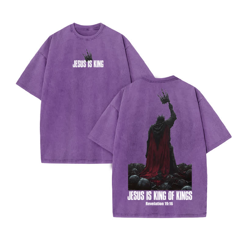 Unisex 100% Cotton Jesus Is King Print Acid Washed T-shirt - Purple - US20-22(3XL) - image 9