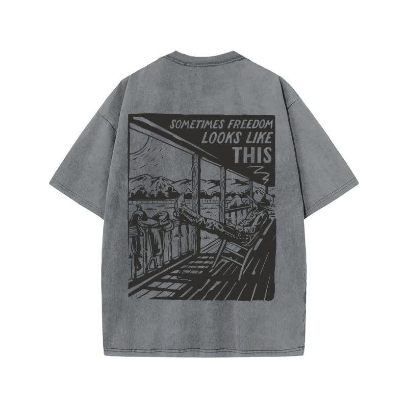 Unisex Western Leisure Time Print Acid Washed T-shirt - Grey - US20-22(3XL) - image 4