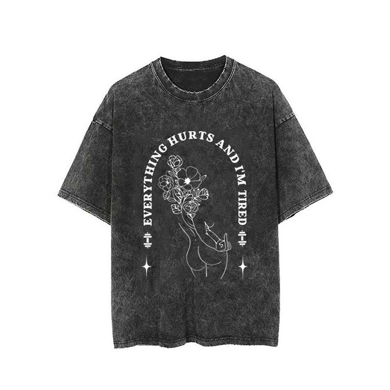 100% Cotton Everything Hurts And I'm Tired Vintage Printed Washed Gym T-shirt - Black - 2XL - image 5