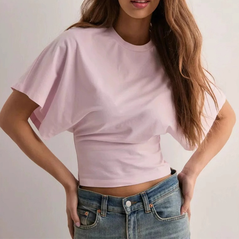 Solid Color Crew Neck Short Sleeve Waist Cinched T-shirt - Pink - 3XL - image 8