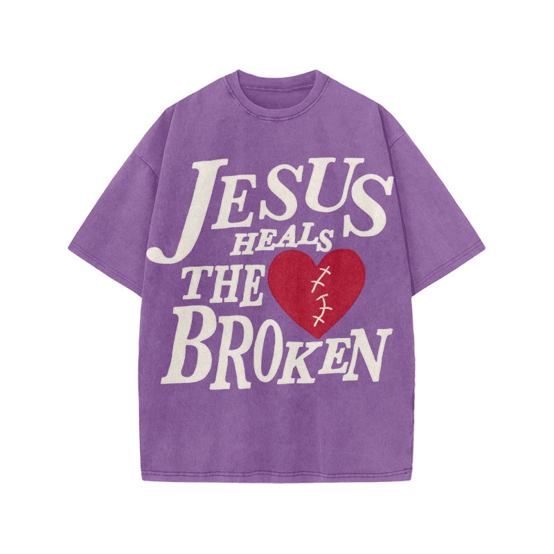 Unisex Jesus Heals The Broken Print Acid Washed T-shirt - Purple - US20-22(3XL) - image 8