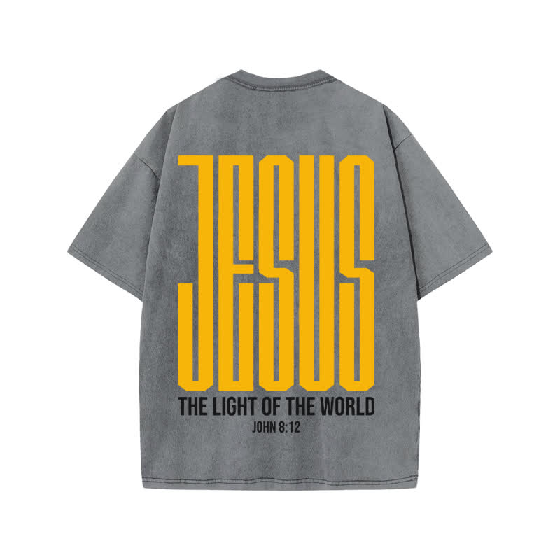 Unisex Jesus The Light Of The World Print Acid Washed T-shirt - Grey - US20-22(3XL) - image 4
